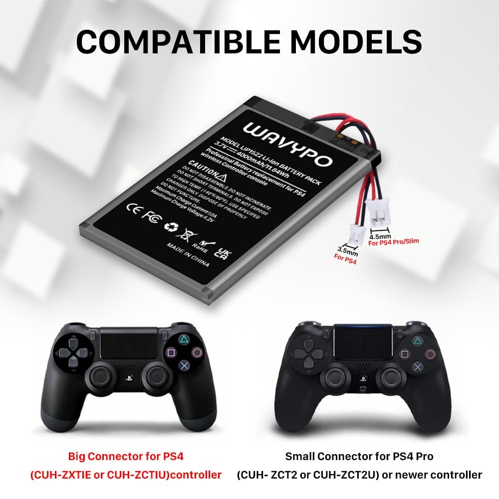 2 Pack 4000mAh PS4 Controller Battery, Replacement for PS4/PS4 Pro/PS4 Slim P..
