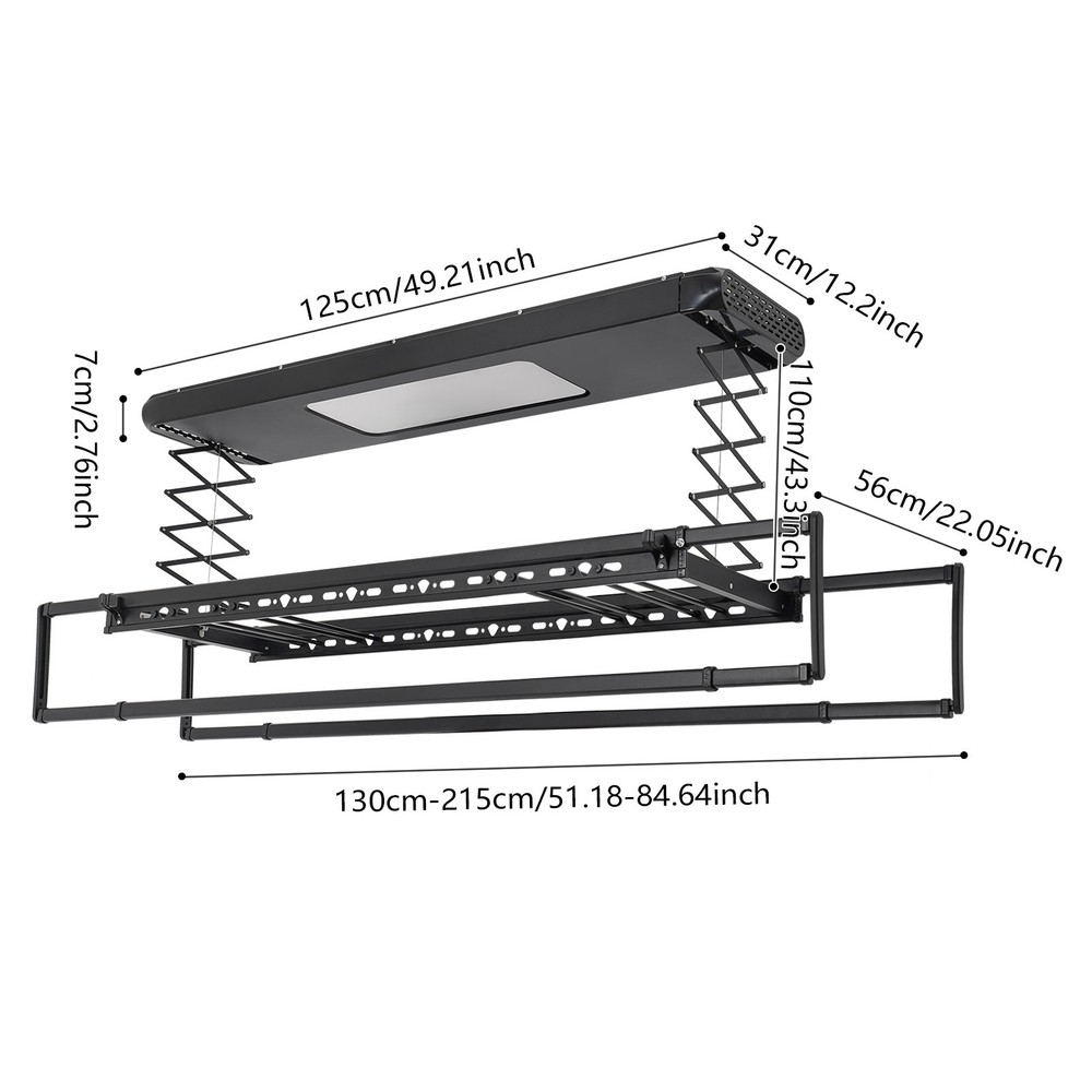 Electric Retractable Airing Rack Clothes Drying Rack W/ Remote Control & Light