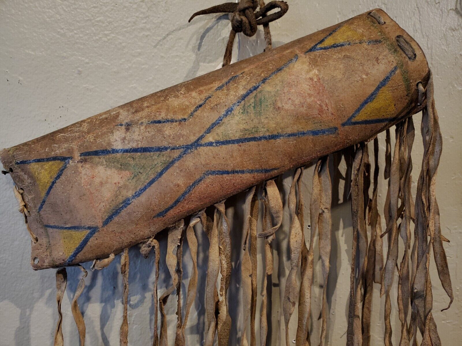 Antique OLD 19c Native American Indian Painted Early parfleche Medicine Cylinder