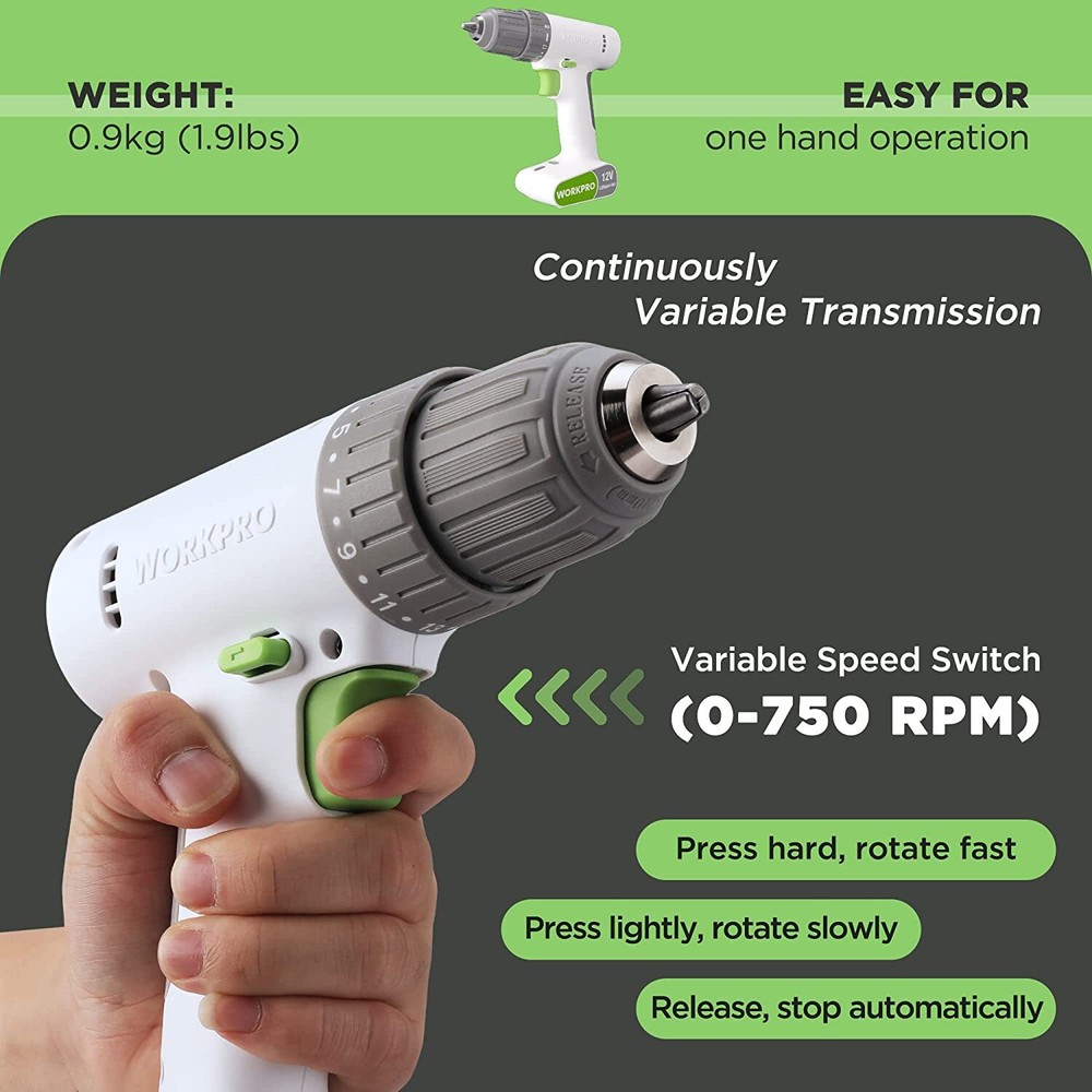 WORKPRO 12V Cordless Drill Driver Set Electric Power Drill Tool Kit w/6 Pcs Bits