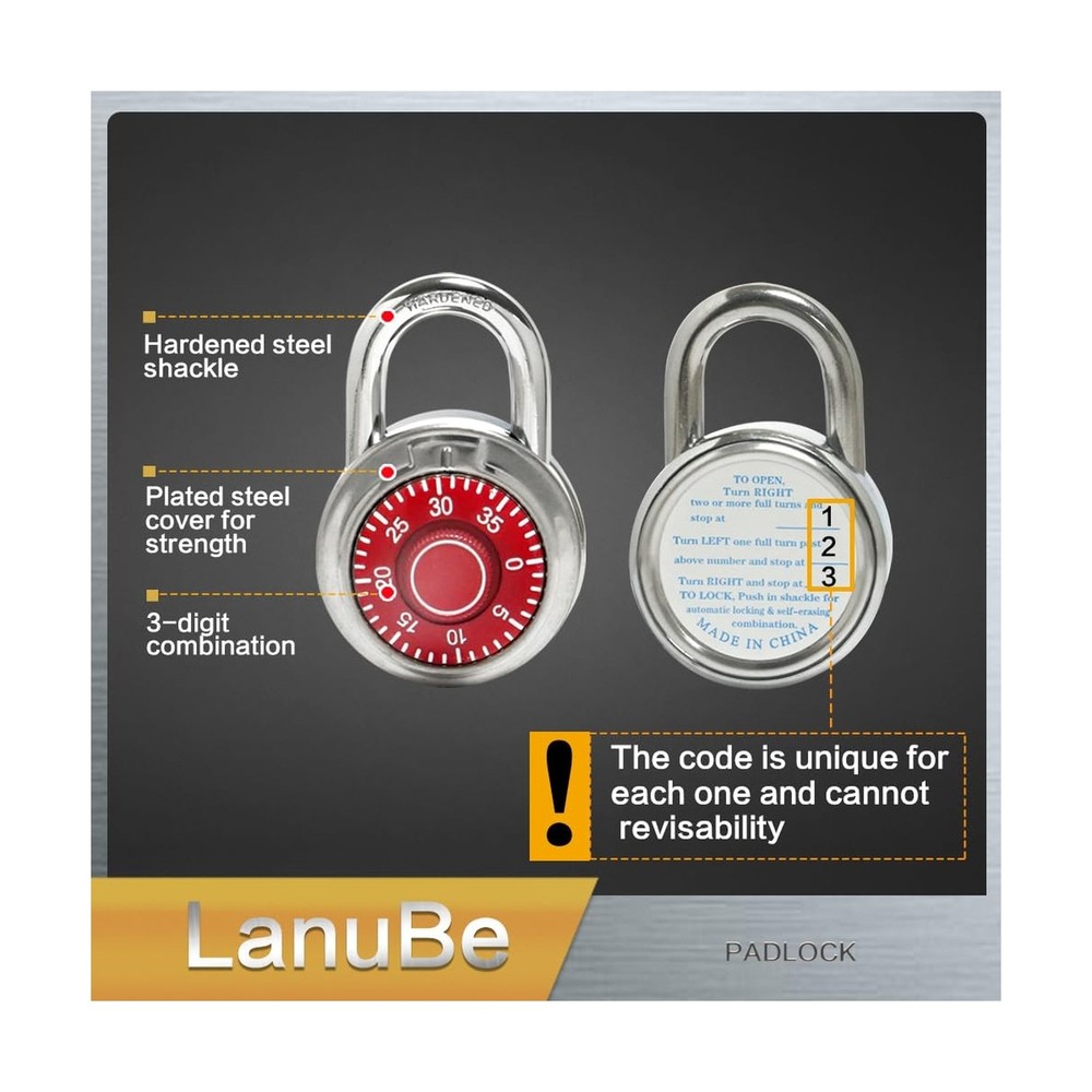 Standard Dial Combination Lock, 2 in. Wide, with Different Combinations, Red ...