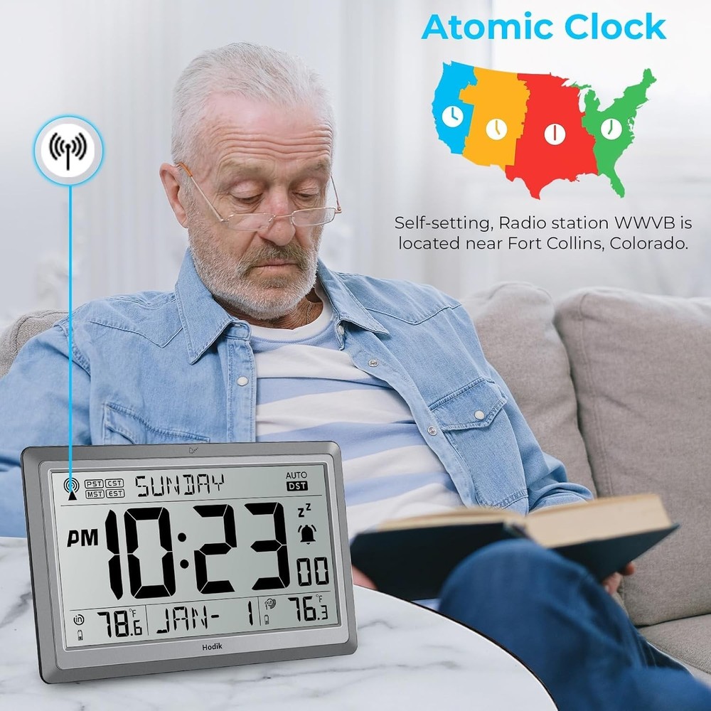 Wall Clock Atomic with Indoor Outdoor Temperature Battery Powered, Easy Readi...