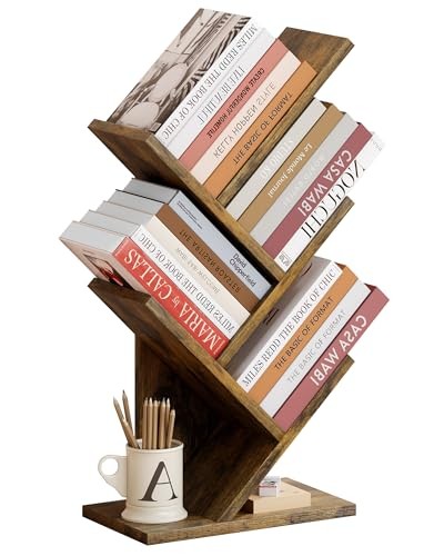 Tree Bookshelf, 4 Shelf Bookcase, Modern Book Storage, 4 Tier Rustic Brown