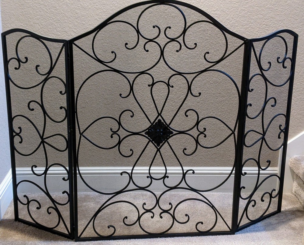 49" X 36" Black Metal Foldable 3 Panel Scroll Fireplace Screen with Mesh Netting