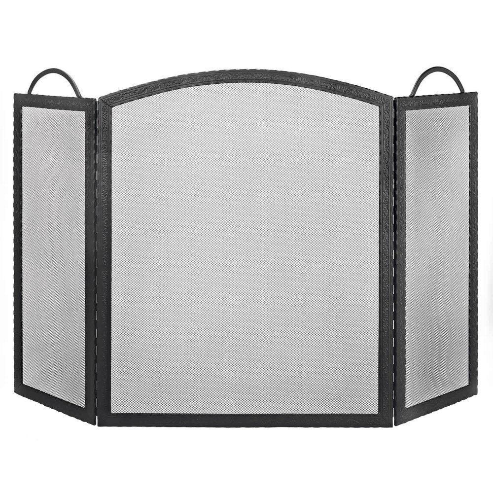 Dagan Three Fold Black Wrought Iron Arched Fireplace Screen, Black