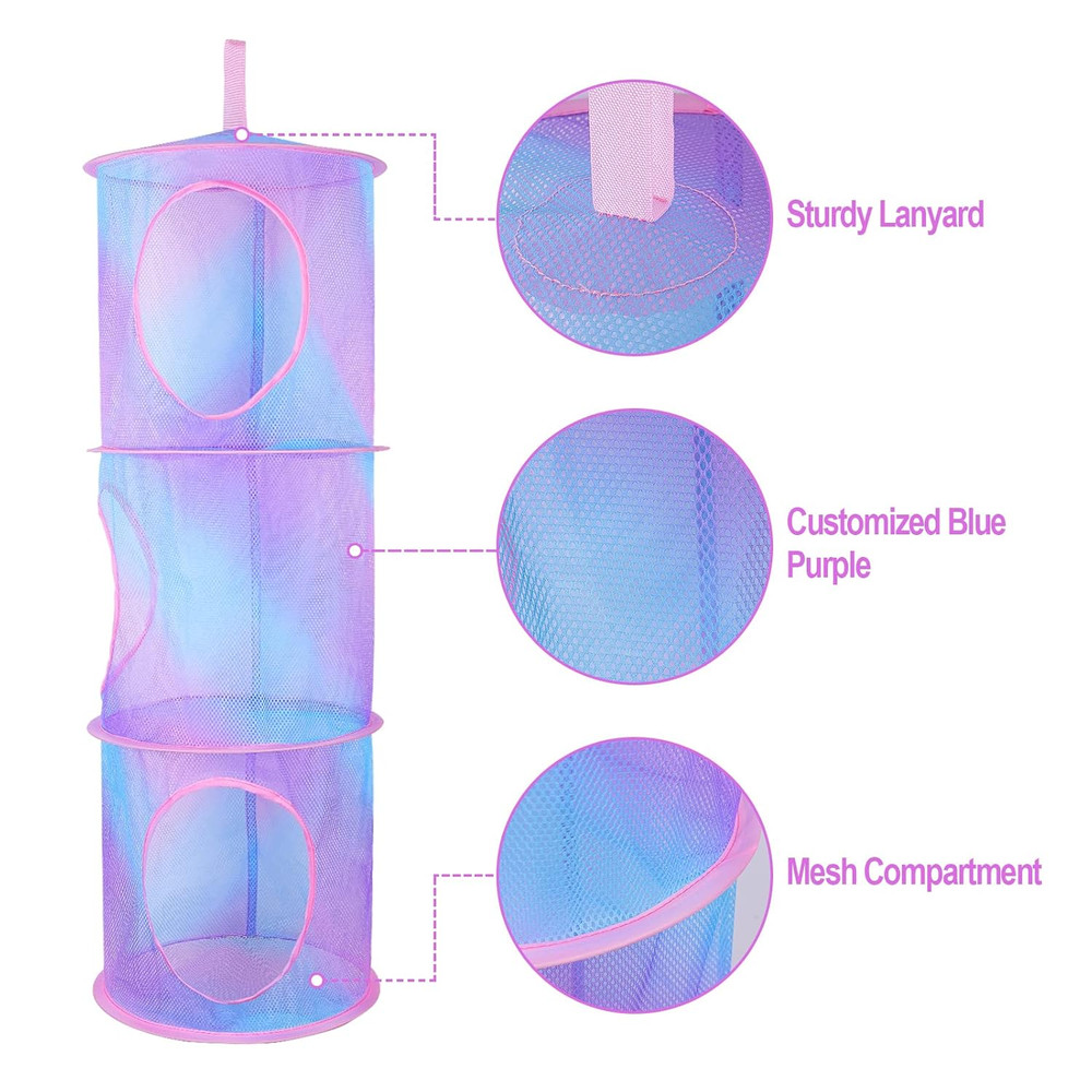 2 Pack Stuffed Animal Storage Mesh Foldable Organizer Net with 3 Compartments