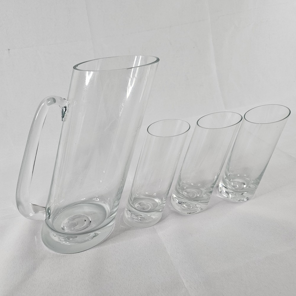Clear Glass Tilted 9" Pitcher And 3 5.25" Glasses Please Read Description