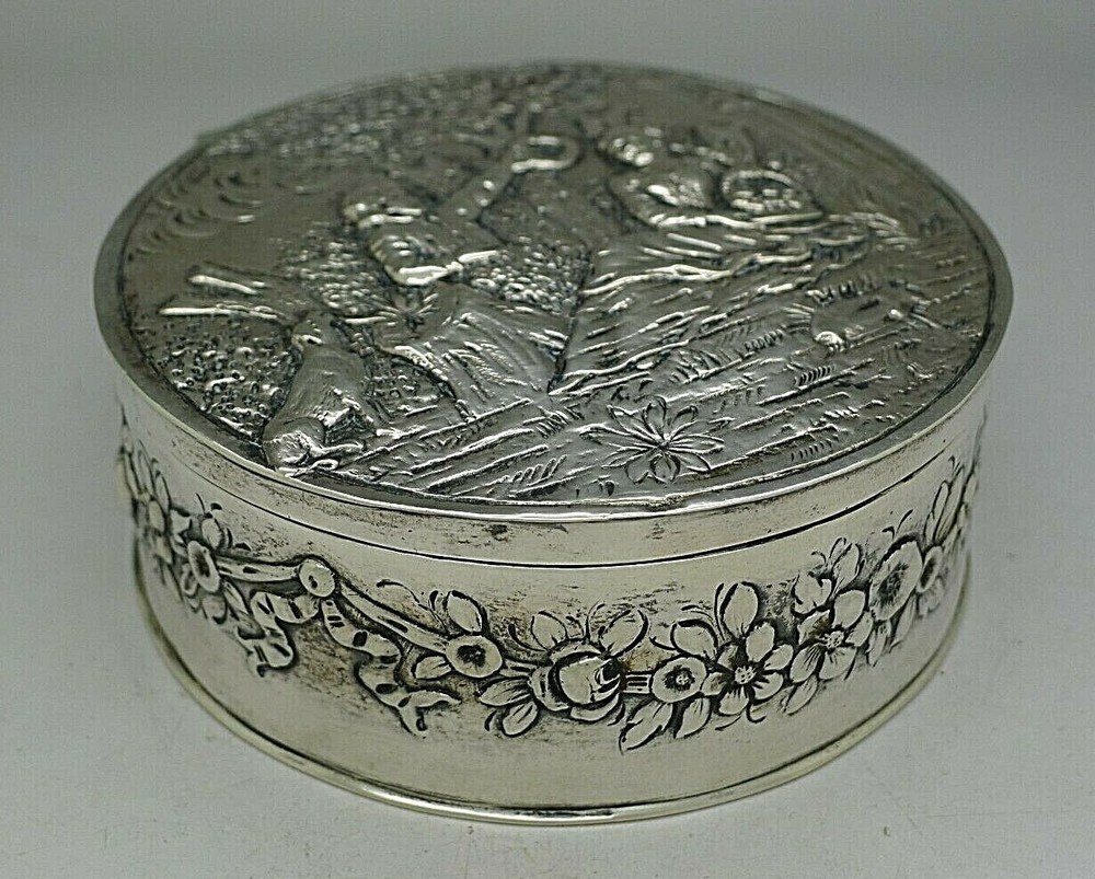 GERMAN SOLID 800 SILVER BOX HANAU GEORGE ROTH NICE SIZED COURTING SCENE W/ DOG