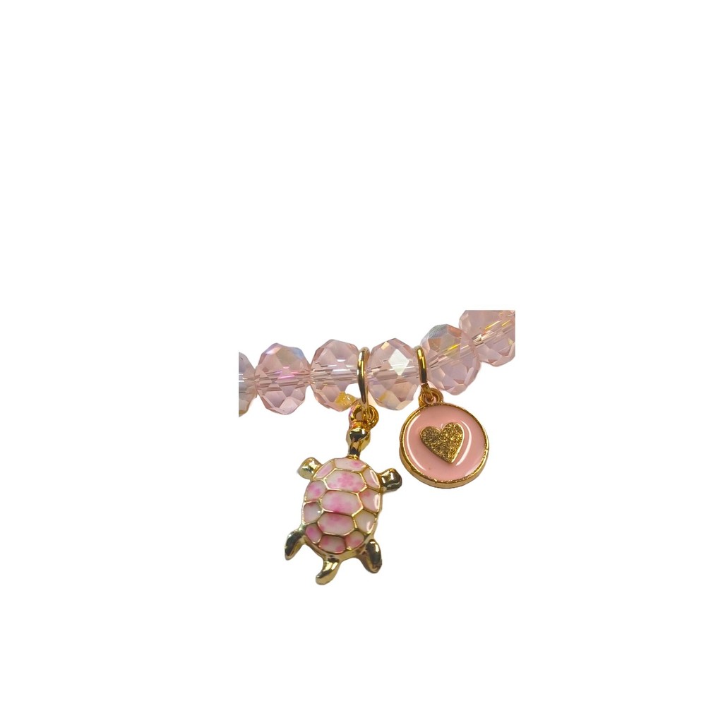 Pink Transparent Beaded Bracelet and Turtle Charm