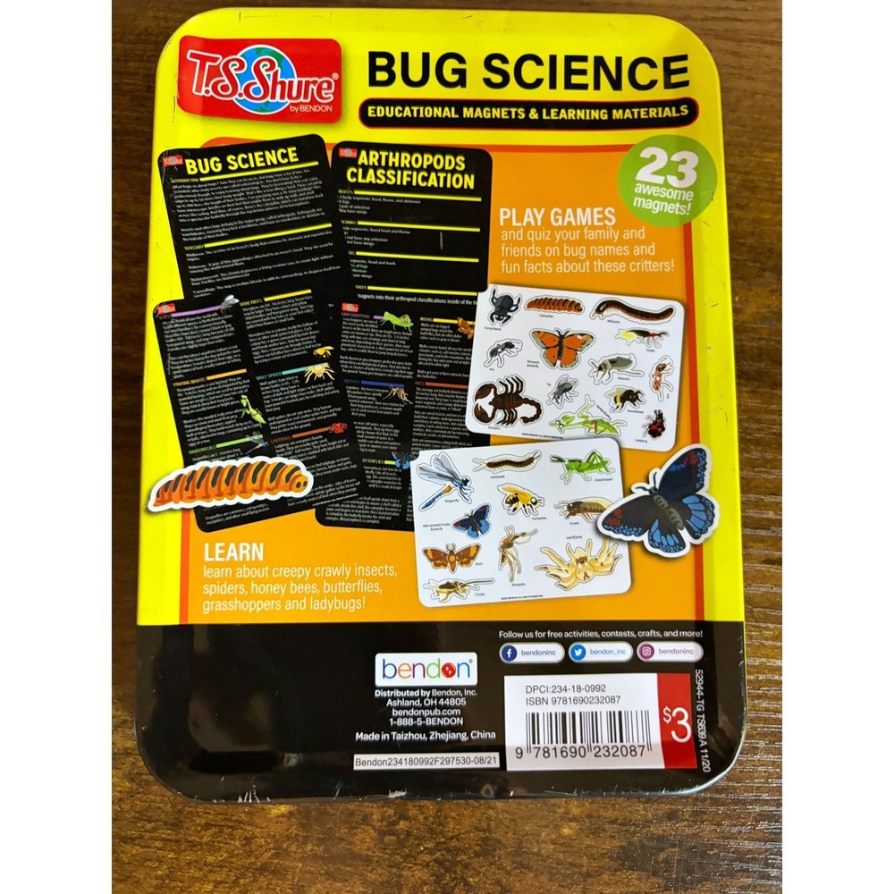T.S. Shure Bug Science STEM Magnet Set Tin Case 23 Bug Magnets Educational