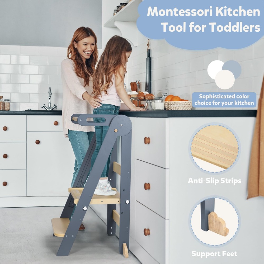 CONKKA Foldable Toddler Kitchen Wood Step Stool w/ Hook - Pre-Assembled