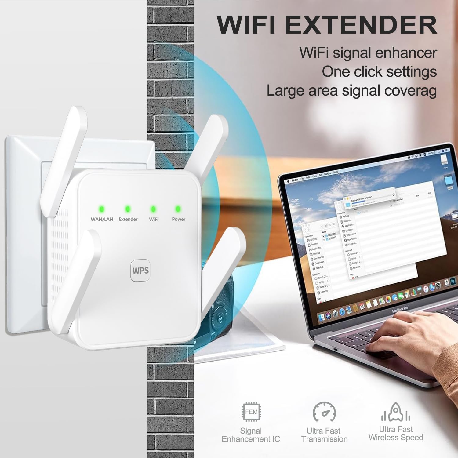 4-Antennas 300M WiFi Extender Repeater Amplifier 2.4GHz Enhancer Booster White