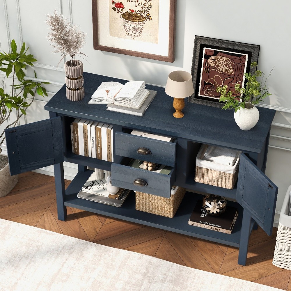 46'' Retro Solid Wood Sideboard Console Table w/Bottom Shelf & Storage Cabinets