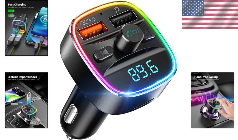 Bluetooth FM Transmitter & Dual USB Charger - 7 Colors LED Backlit, Hands-Free