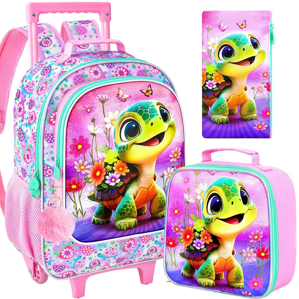 3 PCS Turtle Kids Rolling Backpack Roller Wheels Girls Elementary School Bag