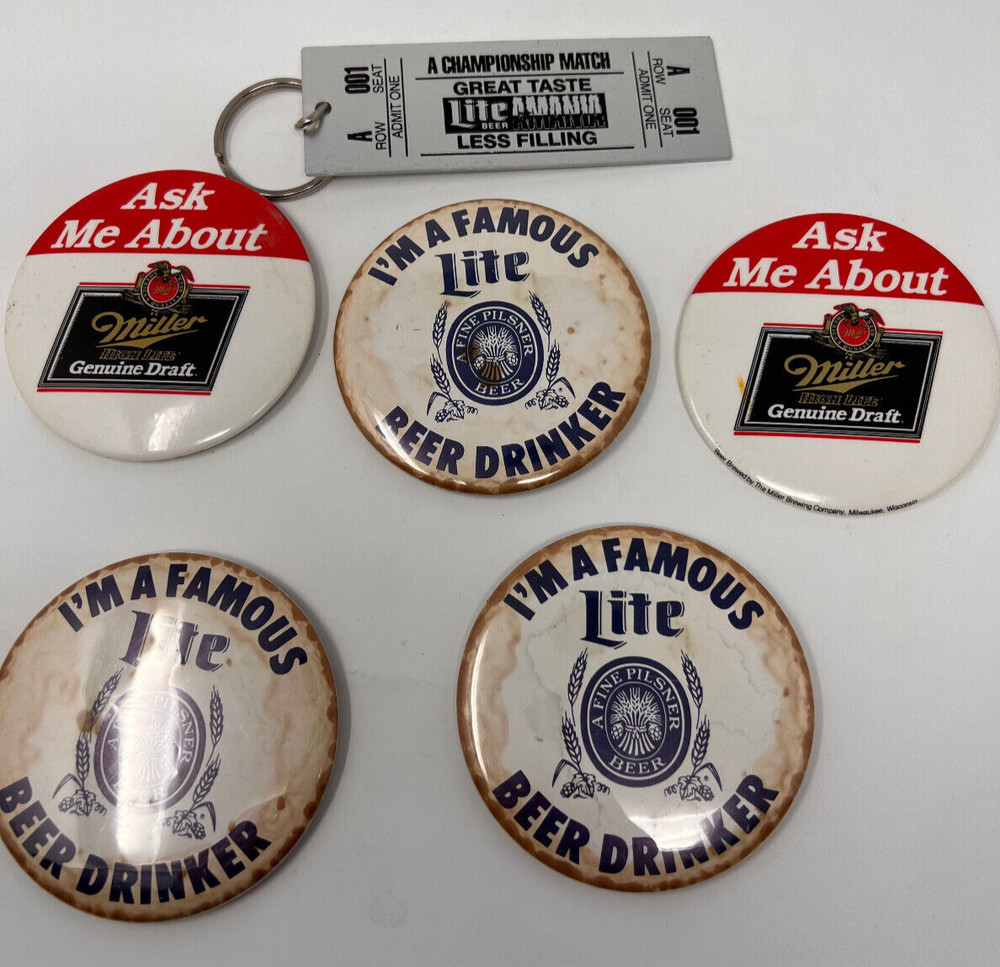 Vintage MILLER Lite And Genuine Draft Buttons Plus Keychain