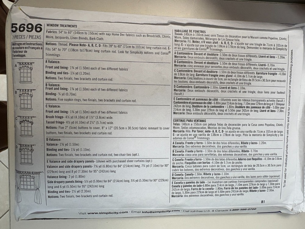 Simplicity 5696 sewing pattern: CAN TOP Valance curtains, UNCUT