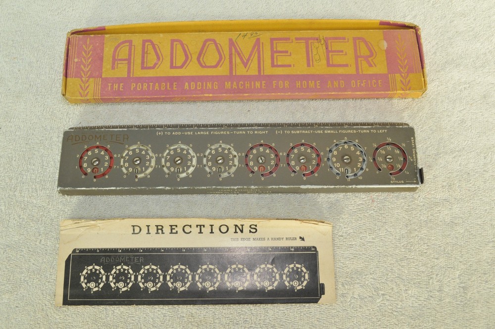 Vintage Addometer Portable Mechanical Adding Machine With Box Stylus Directions