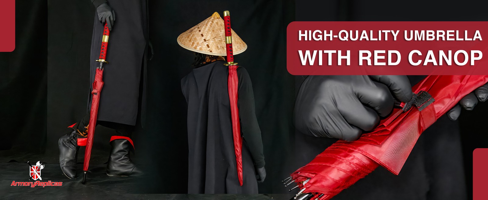 Unique Katana-Style Umbrella with Red Canopy & Faux Ray Skin Samurai Handle
