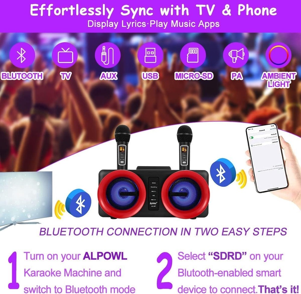 ALPOWL Mini Portable Karaoke Machine with 2 UHF Wireless Mic Bluetooth & LED