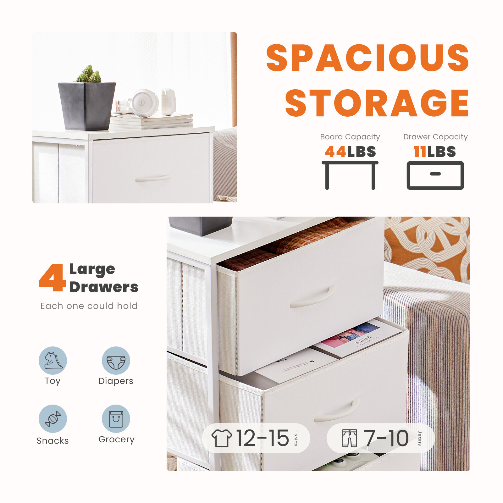 Skinny 4-Drawer Dresser - Fabric Storage Tower, Chest of Drawers for Bedroom