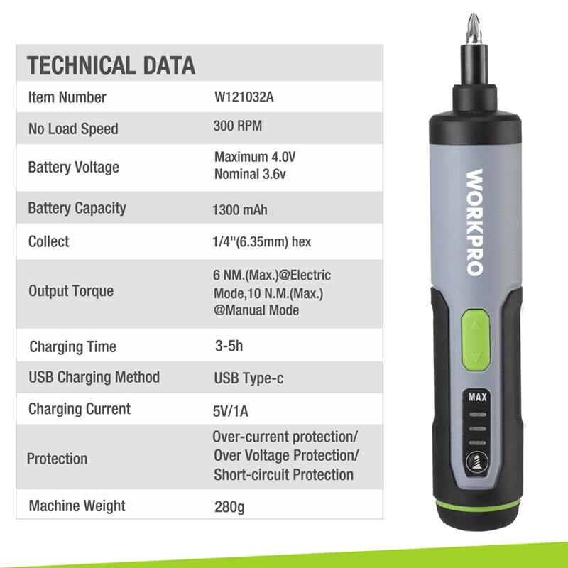 WORKPRO 4V Rechargeable Cordless Electric Screwdriver Sets Extension Rod 35 Bits