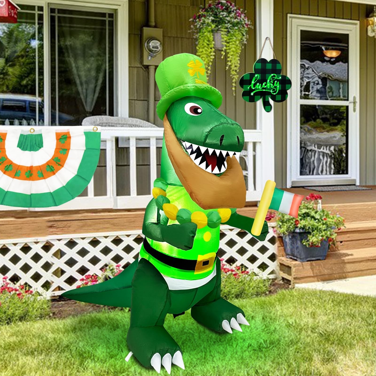 4FT Dinosaur St. Patricks Day Inflatables Decorations Outdoor Blow Up Dinosau...