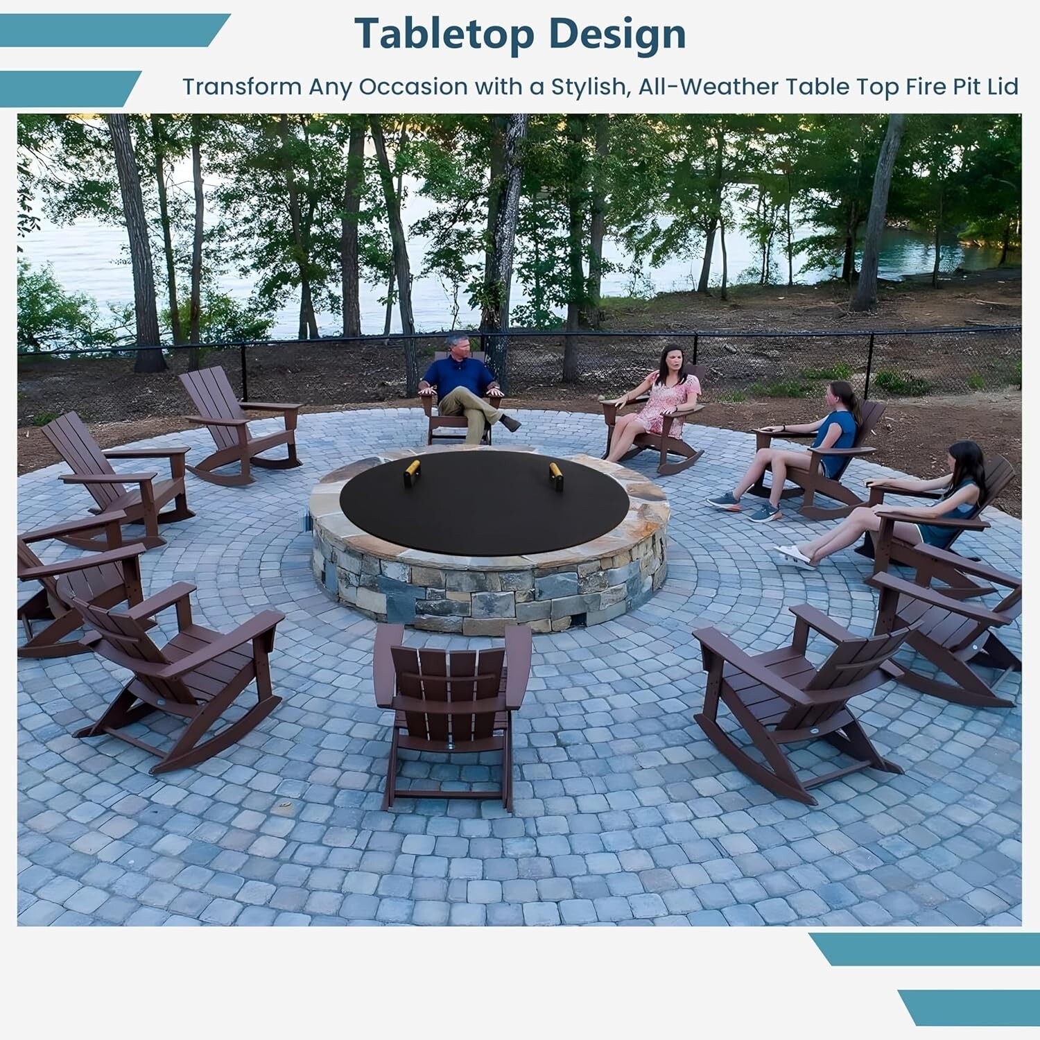 Round Fire Pit Lid - 38 inch fire pit lid Metal W/Wooden Handles Fit