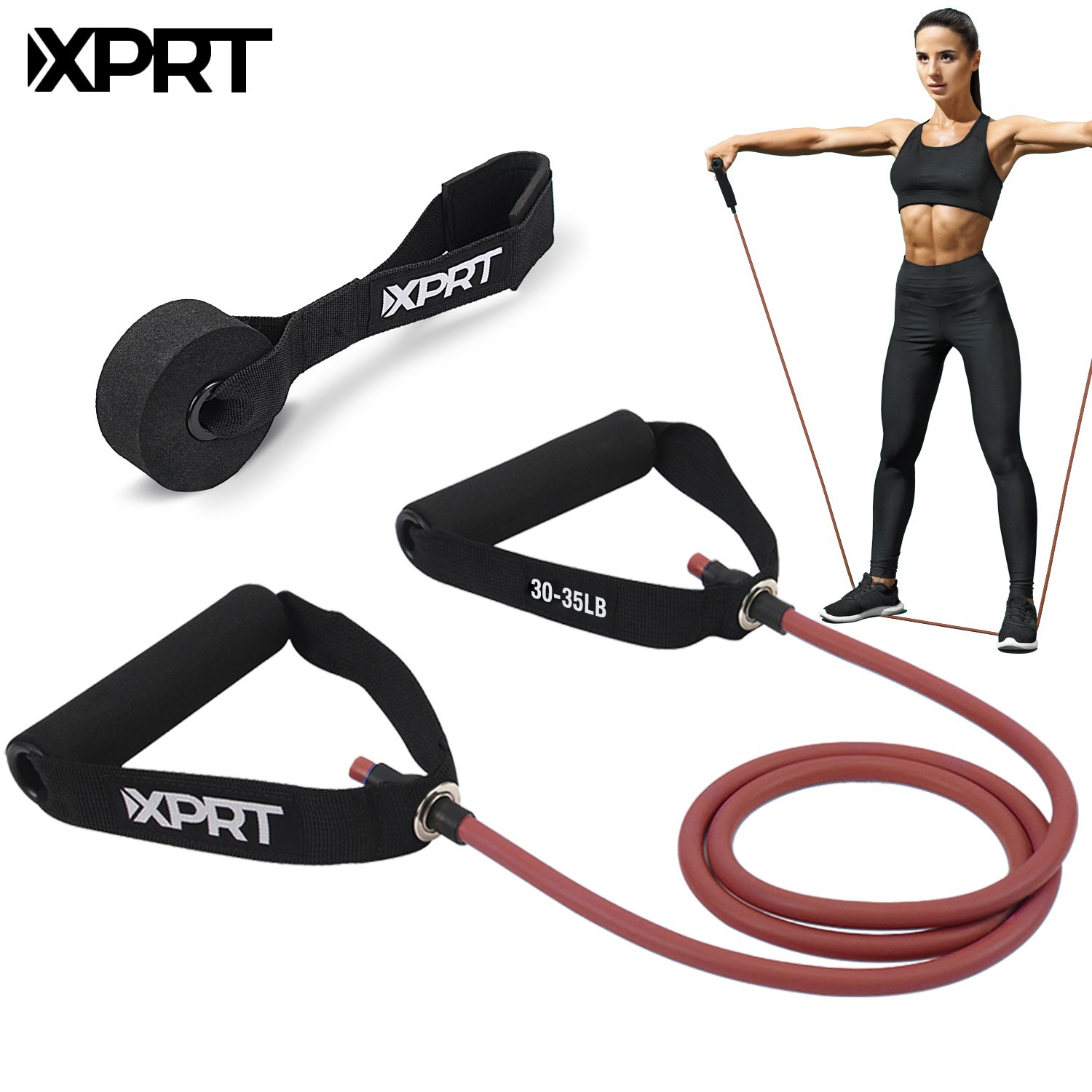 XPRT Fitness Resistance Tube Band w/ Handles & Door Anchor–Durable Natural Latex