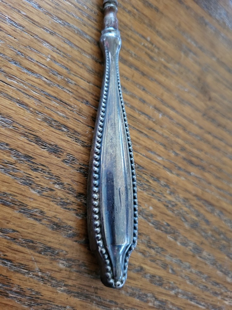 Rare 7" Antique Silver Handle Button Hook Leather Manicure Tool