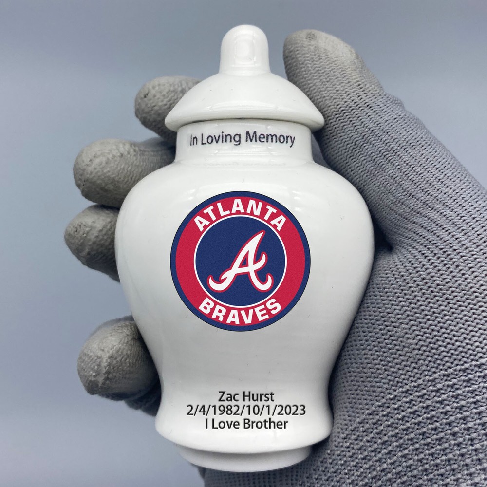 Ceramic Baseball Urn – Atlanta Braves Theme, Custom Text & Number