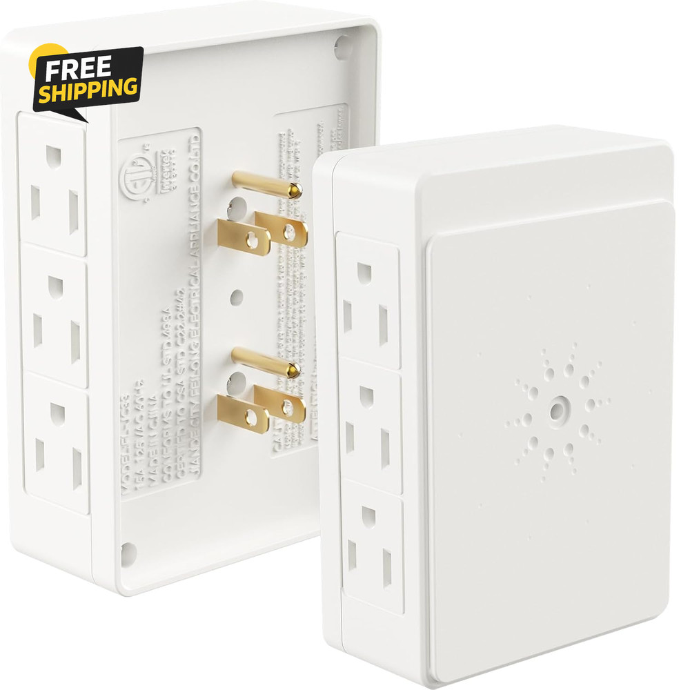 2 Pack Side Outlet Plug Adapter, 6-Outlet Extender, 3-Prong, Multiple Plug