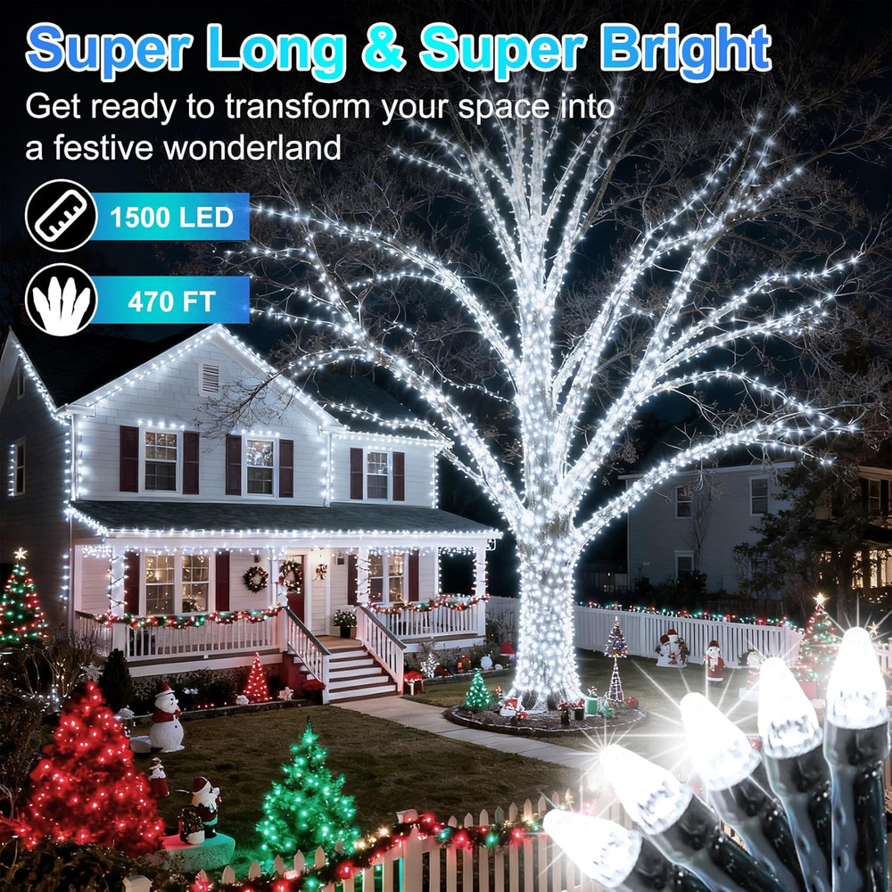 1500 LED 470FT Christmas String Lights, 12 Modes and Timer Memory Dimmable, Plug