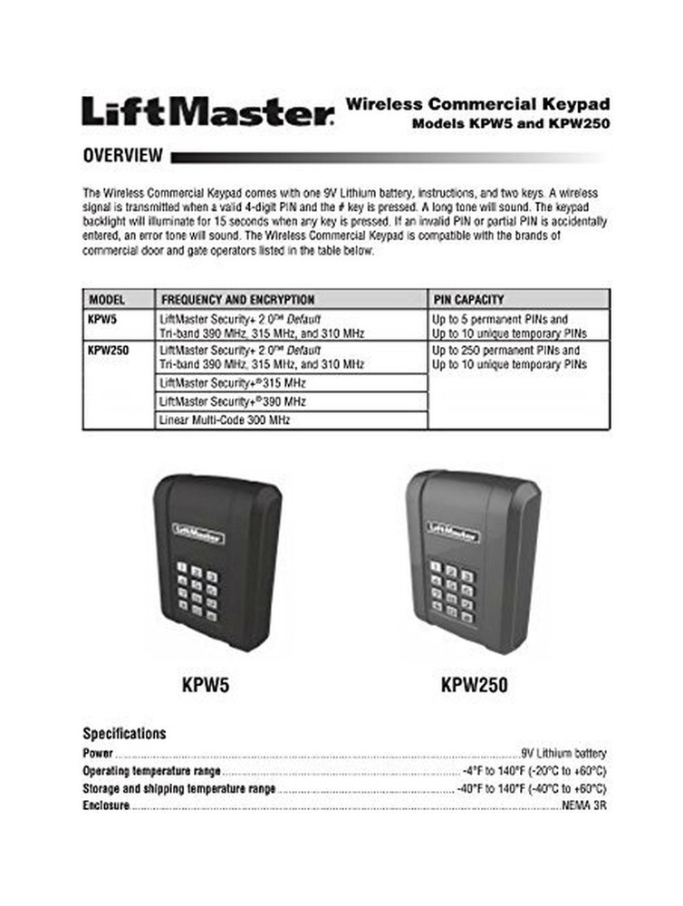 LiftMaster KPW5 Wireless 5 Code Commercial Keypad
