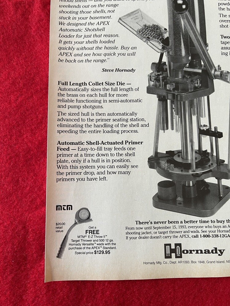 Vintage 1993 Hornady Apex Auto shell reloader Print Ad