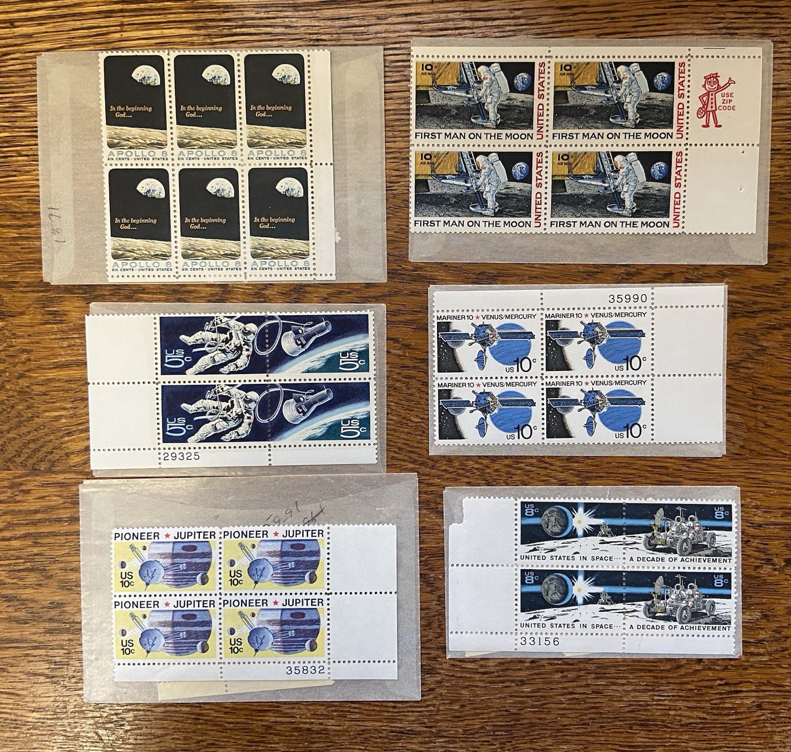 USPS LOT/6 VINTAGE PLATE BLOCK SPACE-APOLLO 8-PIONEER JUPITER-MARINER 10- MNH