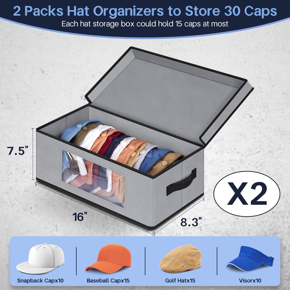 Stackable Hat Organzier for Baseball Caps, 2 PCS Hat Storage Boxes for Closet Ho