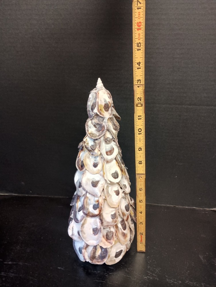 Handmade Tabletop 14" White Oyster Shell Christmas Tree Cone Shaped Coastal