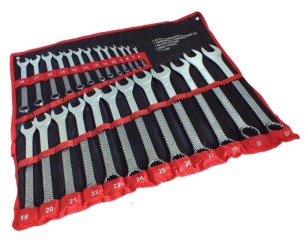 25pc Metric 6-32mm Drop Forged Combination Spanner Wrench Set Open & Ring + Roll