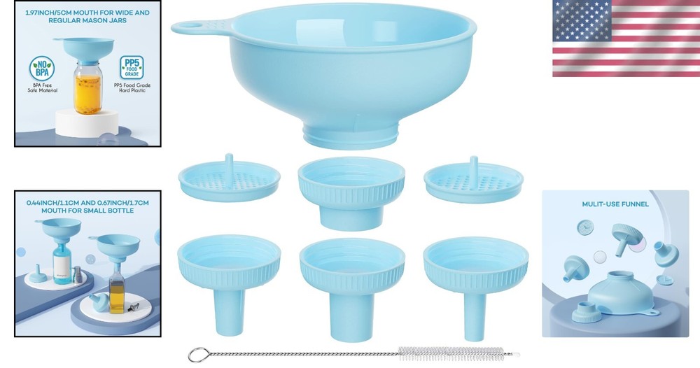 Versatile Blue Funnel Set with 5 Size Spouts & Strainers for Kitchen Ease