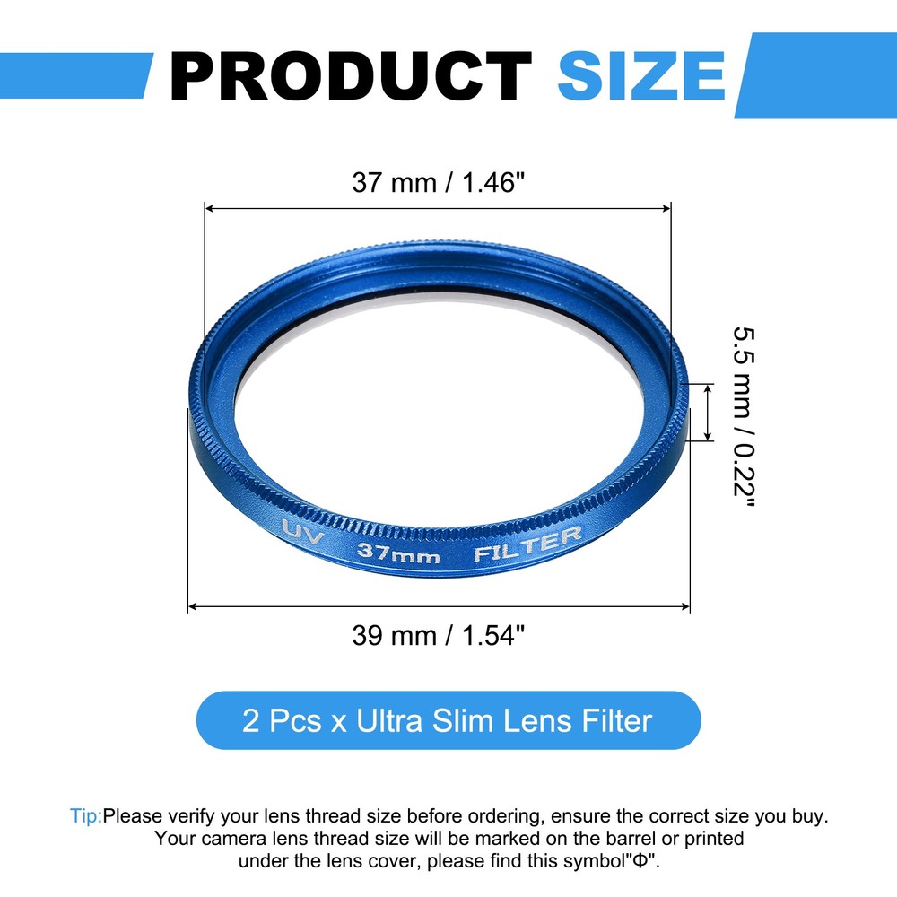 2Pcs 37mm Ultra Slim Lens Filter Multi Coating Camera Len Filter, Blue