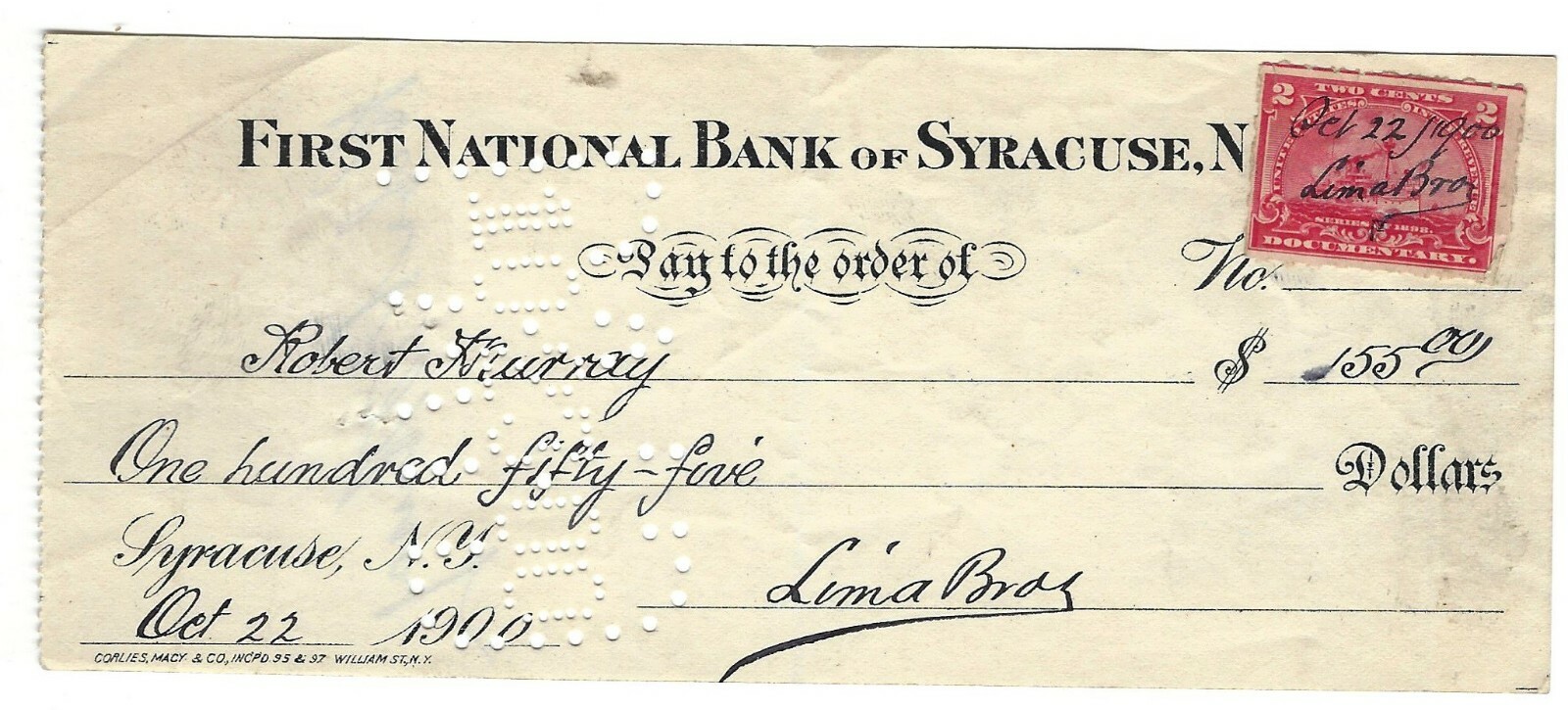 1900 Check, First National Bank of Syracuse, New York, Hand Cancelled Stamp