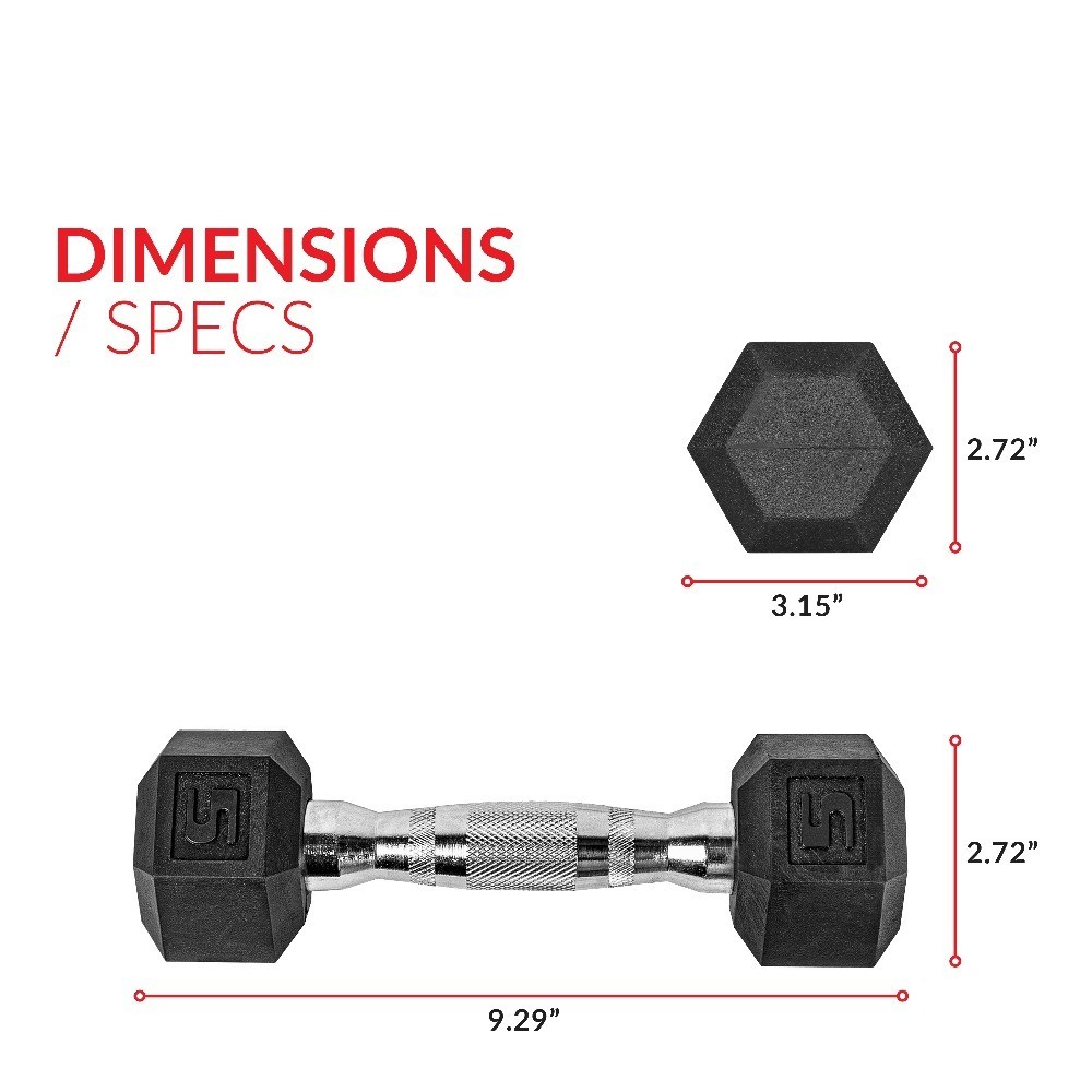 Barbell, 5lb Coated Rubber Hex Dumbbell, Pair