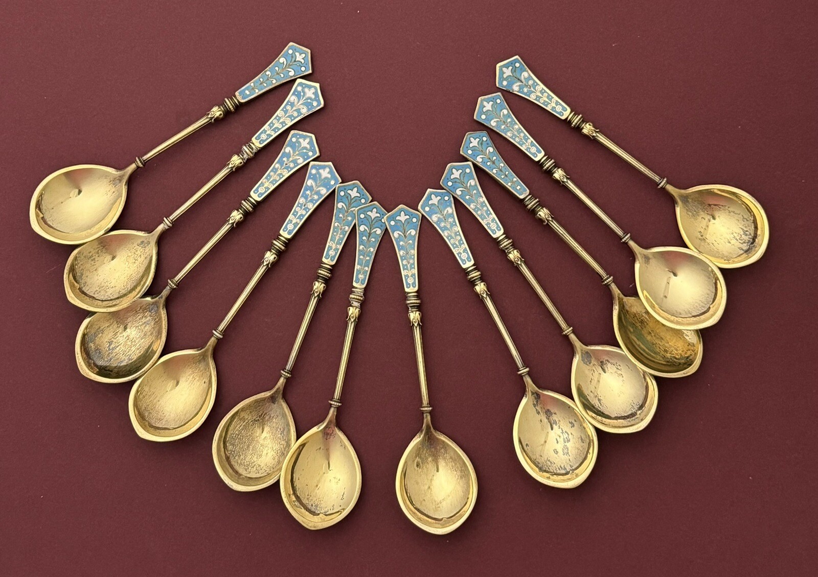 Set 12 German 800 Silver Gilt and ENAMEL Spoons