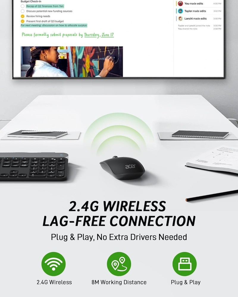 acer Computer Mouse Wireless, 2.4G Slim USB Wireless Mice with Black