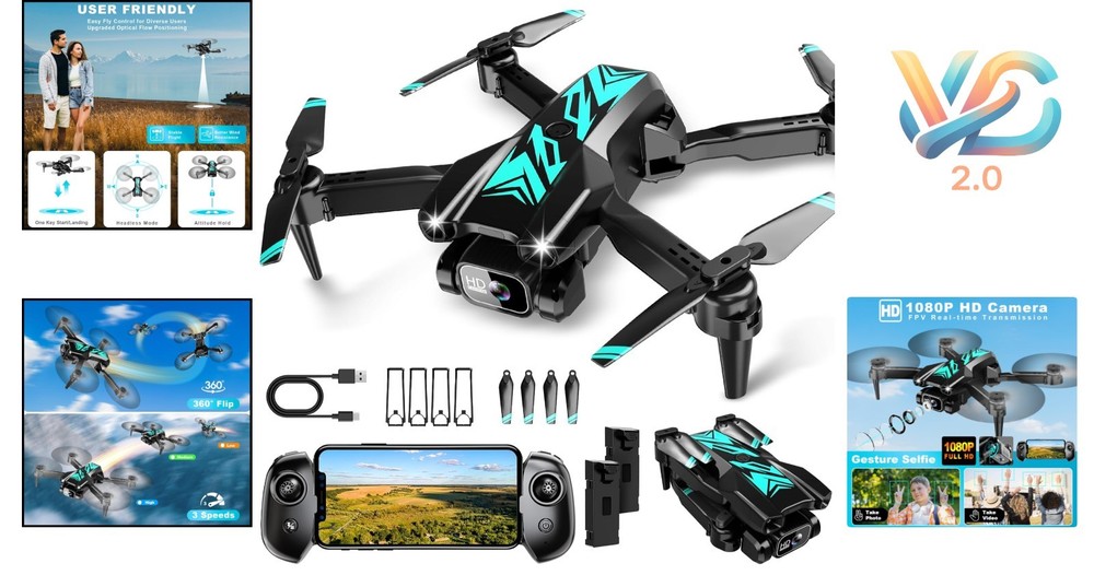 Cyan Mini Drone with Camera 1080P FPV Foldable App Control for Beginners