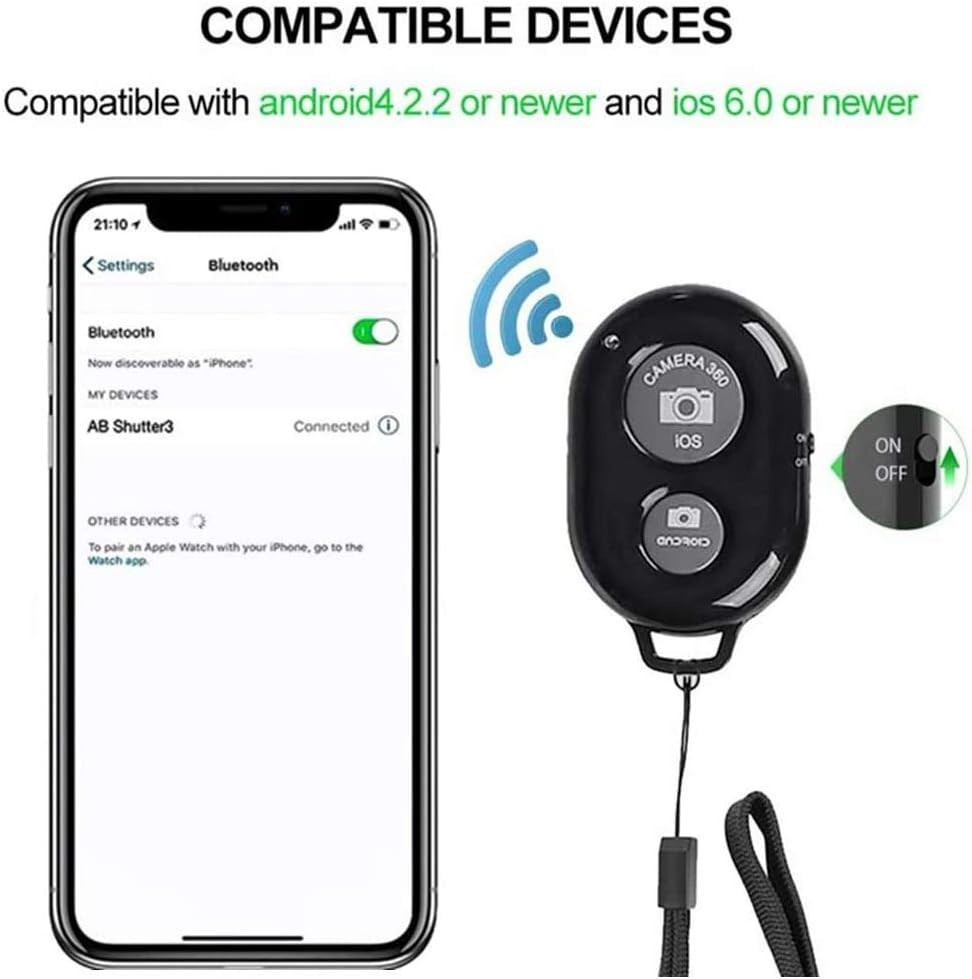 Wireless Camera Shutter Remote for Smartphones - Black, 30ft Range, Rechargeable