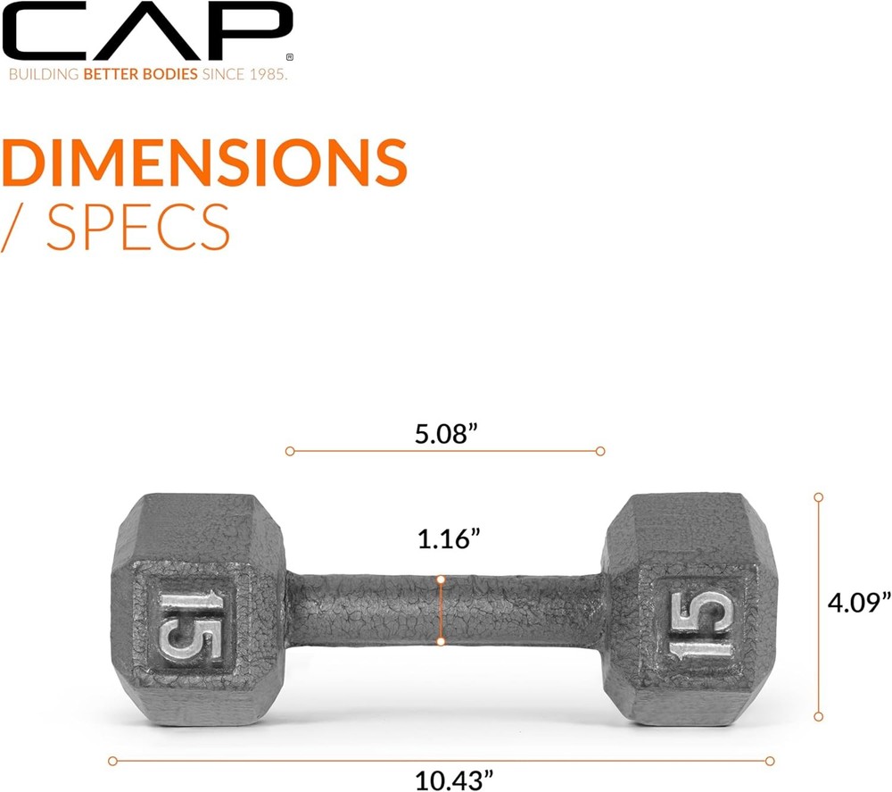 CAP Barbell Cast Iron Hex Dumbbell | Multiple Options 15 lb, Gray, Single