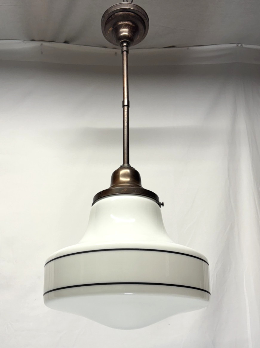 Schoolhouse Ceiling Light Fixture Vtg Art Glass Shade Black Stripes USA #L43