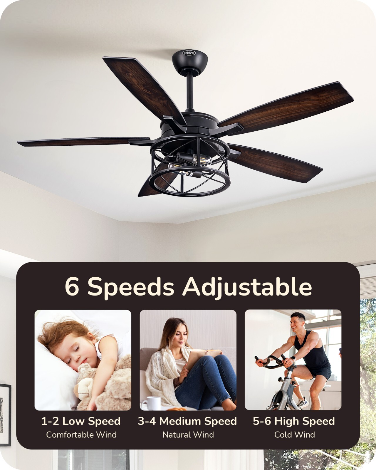 EDISHINE 52 Inch Farmhouse Ceiling Fans With Lights Rustic Ceiling Fan Remote